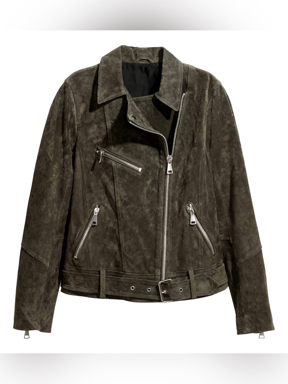 H&M Olive Green Suede Moto Jacket with Silver Zippers